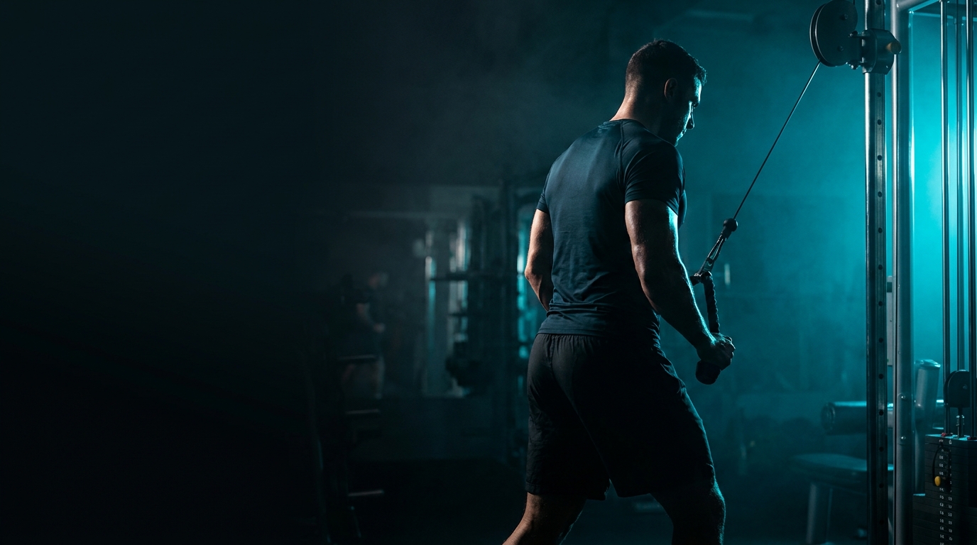 Athlete training under cyan light in a dark gym
